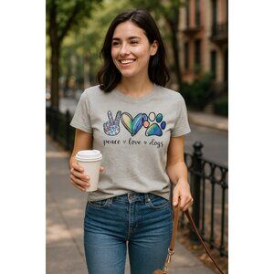 Peace Love Dogs Graphic T-Shirt – Size Large – Gray Short Sleeve